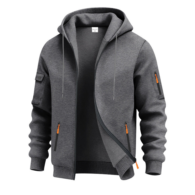 Men's active zip-up hoodie featuring secure zip pockets, hood, & soft fabric for daily comfort.