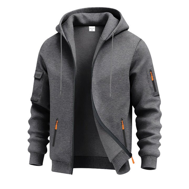 Men's active zip-up hoodie featuring secure zip pockets, hood, & soft fabric for daily comfort.