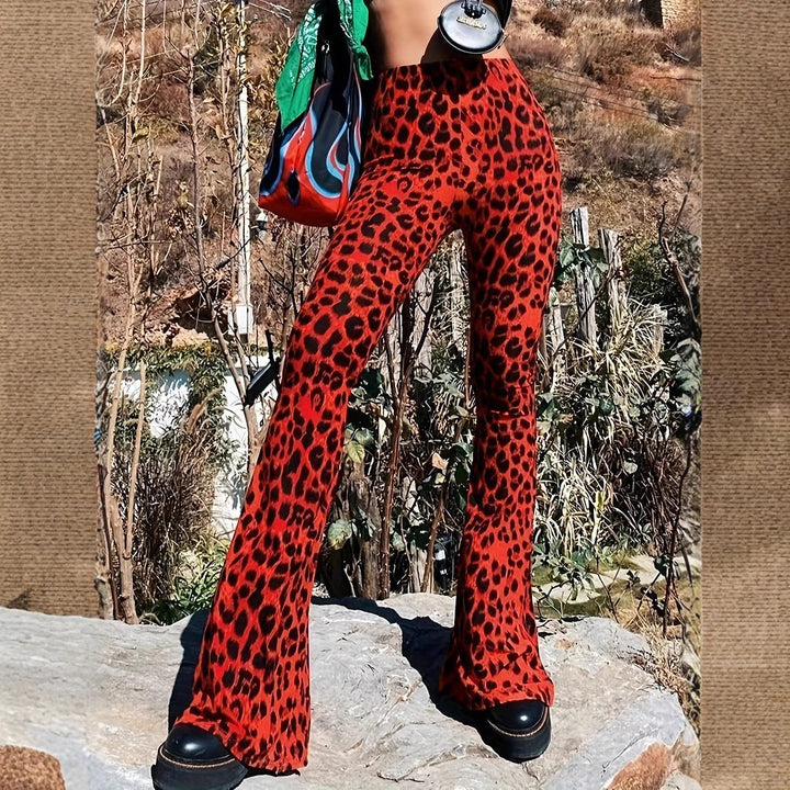Comfortable women's leopard print flared pants, wide-leg design for fashionable and relaxed wear.