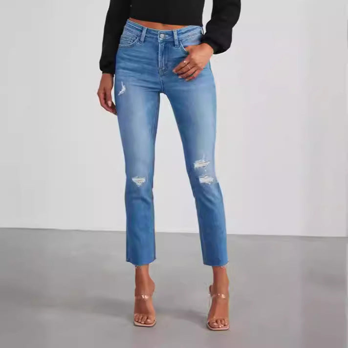 Modern fit cropped jeans for women, high-waisted design, perfect for versatile daily outfits.