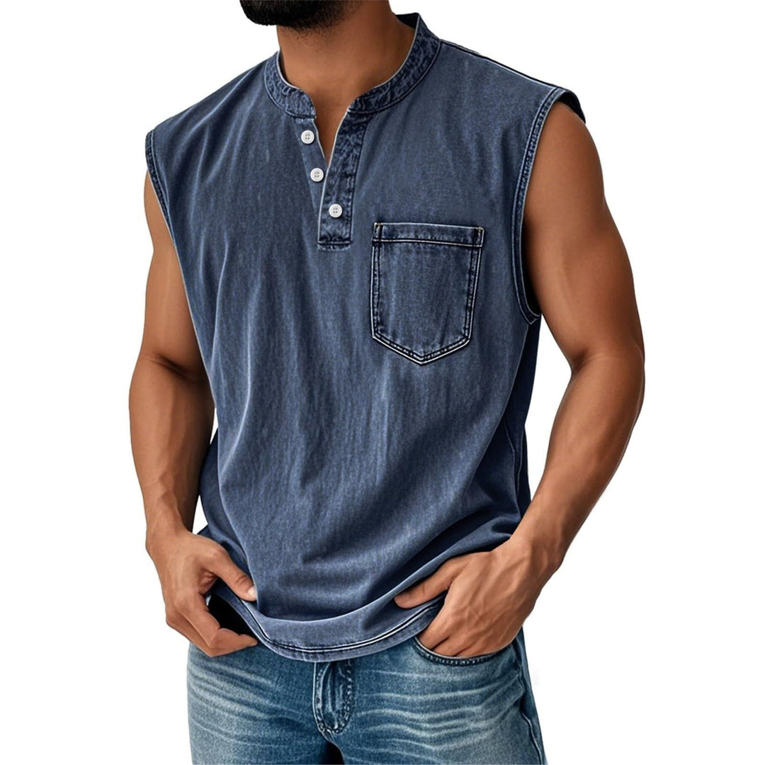 Versatile men's sleeveless shirt with button placket & chest pocket. Ideal for casual summer fashion.