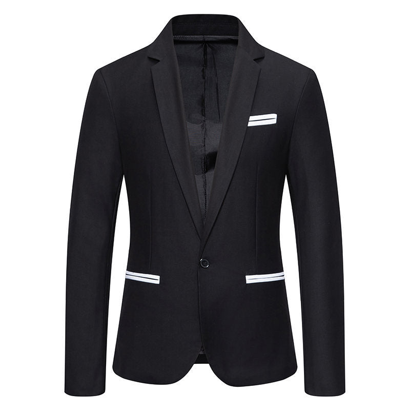 Men's elegant black blazer with contrasting satin lapels, ideal for formal, business, or party wear.
