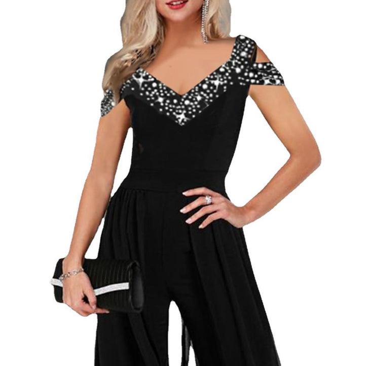 Fashionable women's elegant sequin off-shoulder jumpsuit with wide-leg design for comfortable party wear.