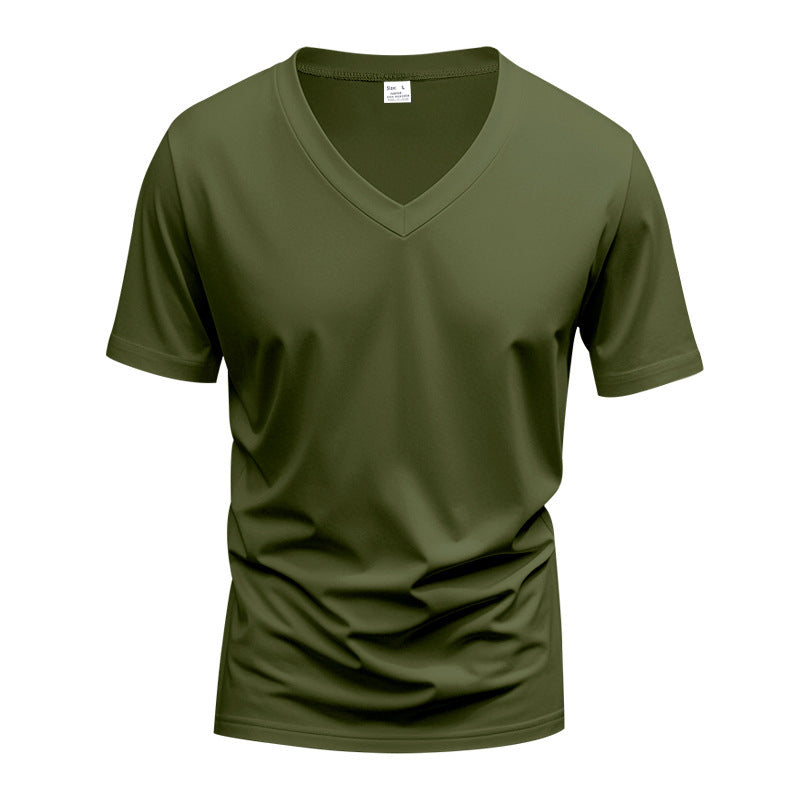 Men's short sleeve V-neck sports shirt, ideal for training, running, or active performance.