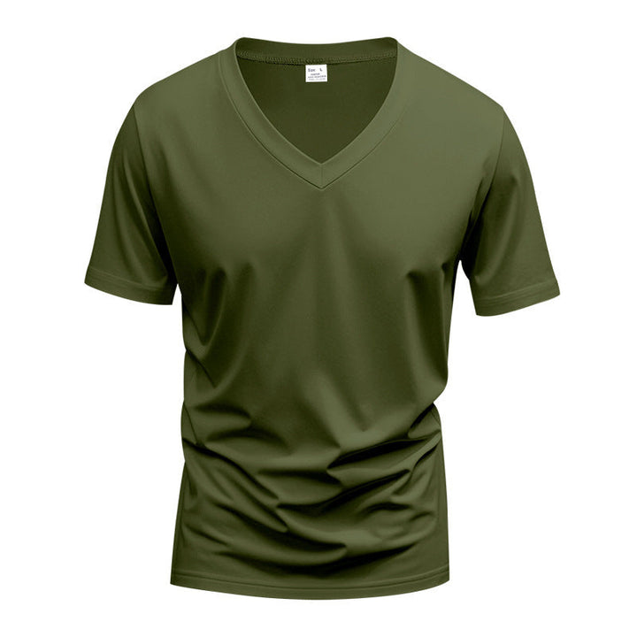 Men's short sleeve V-neck sports shirt, ideal for training, running, or active performance.
