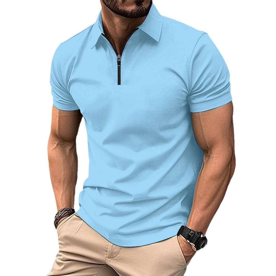 Detailed zip-up collar on men's modern polo shirt, adds a sophisticated touch to active fashion.