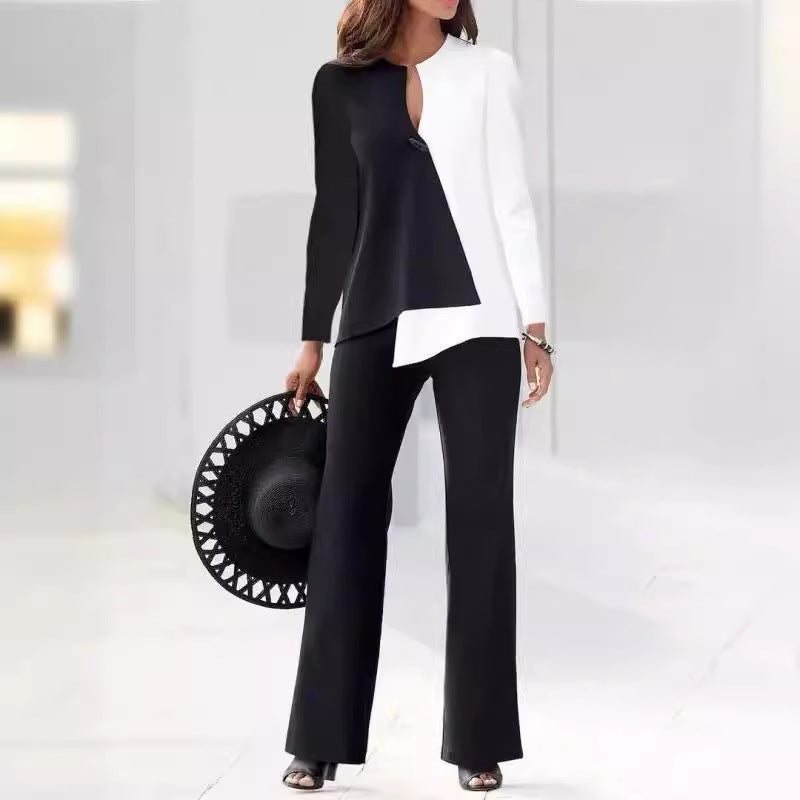 Elegant women's asymmetrical pant suit set, perfect for modern office wear & chic business attire.