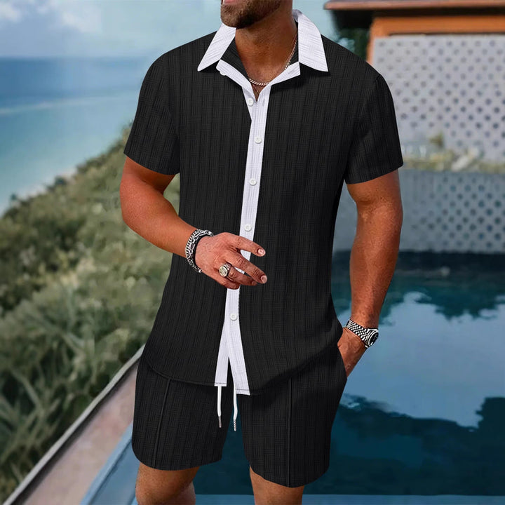 Fashionable men's two-piece casual set featuring a button shirt & shorts. Perfect for summer leisure.