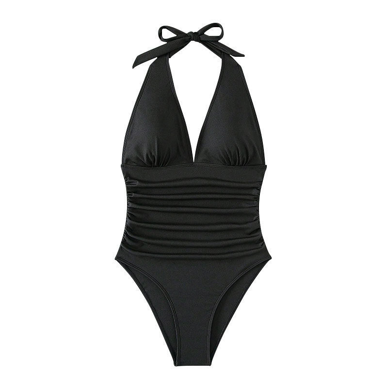 Modern women's one-piece swimsuit with stylish plunge V-neck, ideal for contemporary summer beachwear.