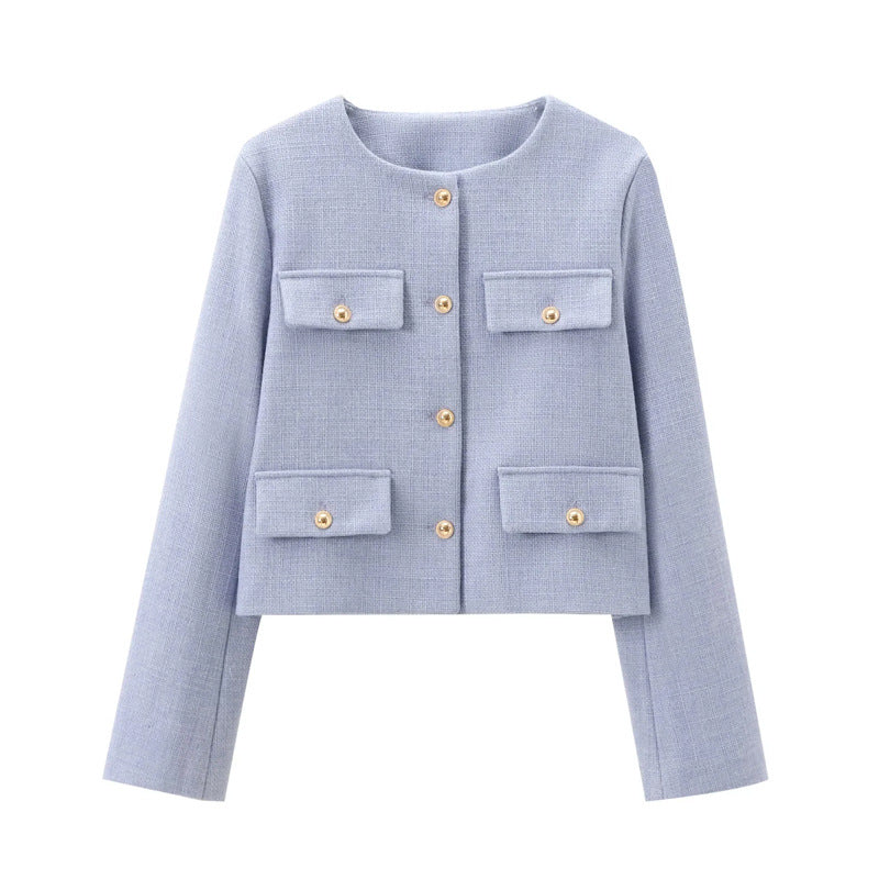Cropped women's jacket with gold buttons, tailored & long sleeve, ideal for smart casual workwear.