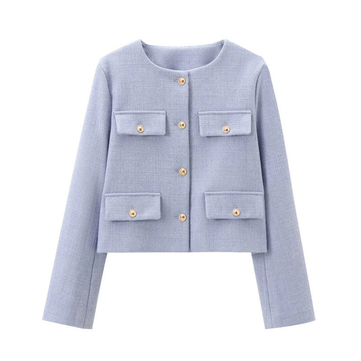 Cropped women's jacket with gold buttons, tailored & long sleeve, ideal for smart casual workwear.