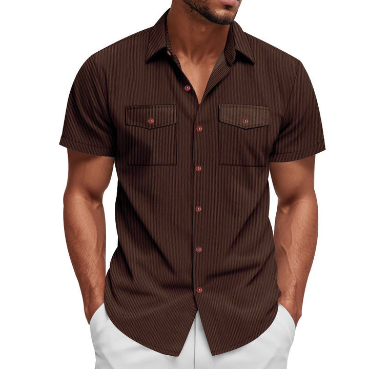 Versatile men's casual short sleeve striped shirt with chest pockets, great for summer and leisure activities.