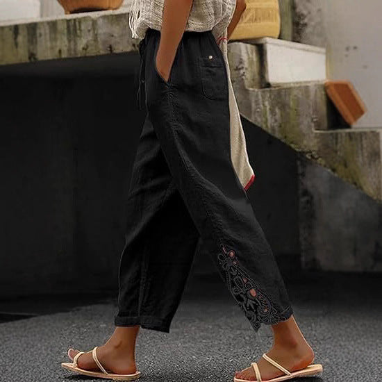 Lightweight women's embroidered pants with side pockets, perfect for casual summer and vacation.
