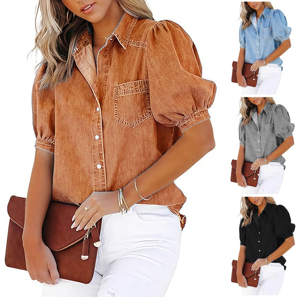 Women's casual denim blouse with puff sleeves, chest pocket & long sleeves for everyday chic.