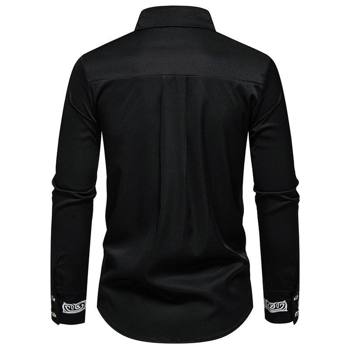 Men's fashion long sleeve shirt featuring a sophisticated collar pattern. High-quality men's apparel.