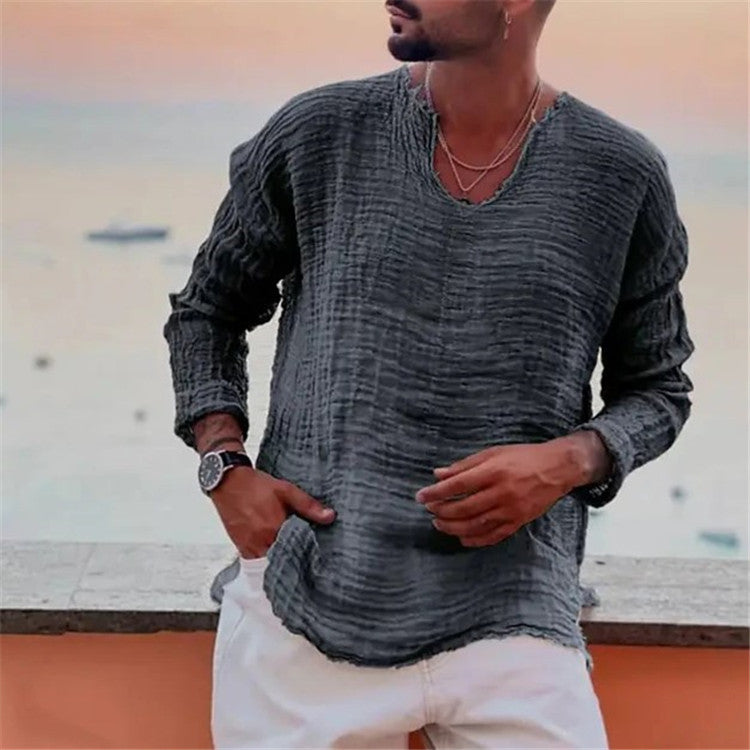 Man wearing a relaxed fit V-neck casual shirt, front view, showcasing effortless summer style.