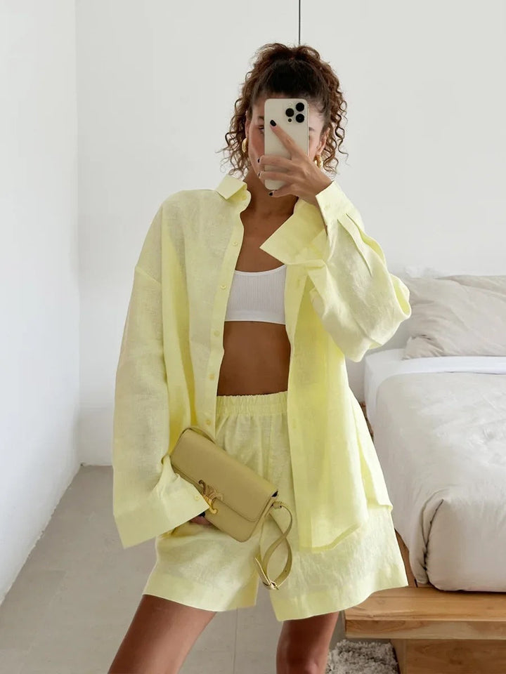 Lightweight women's relaxed fit blouse and shorts. Ideal summer two-piece outfit for beach days.