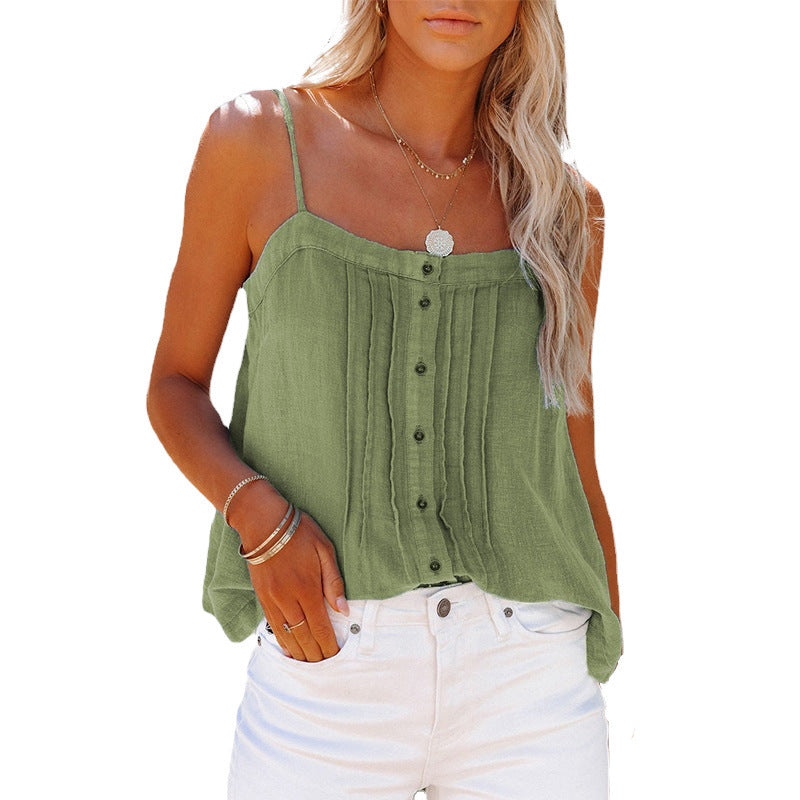 Trendy women's plaid cami with adjustable spaghetti straps & decorative buttons for comfortable spring fashion.
