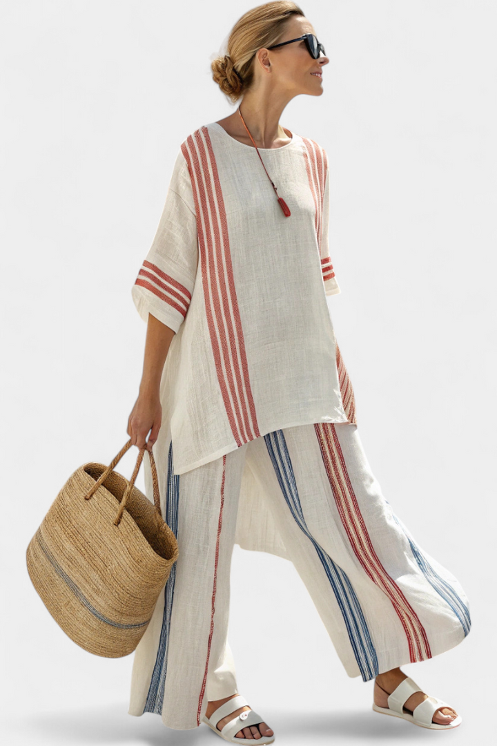 Chic women's multicolor striped top & flowy pants set. Comfortable two-piece outfit for summer, resort & travel.