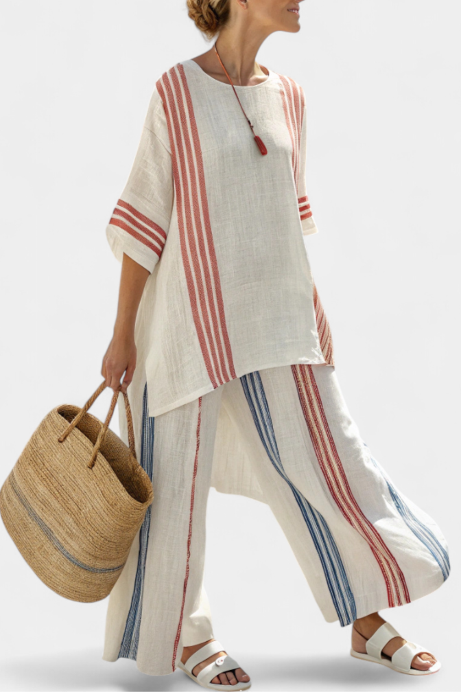 Women's chic two-piece striped top & flowy pants set. Perfect for summer vacation, resort wear & casual elegance.