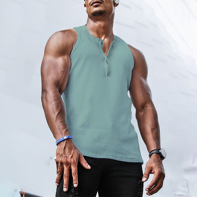 Athletic men's tank top, perfect for gym, fitness, and summer sports. Features a sleek button placket.