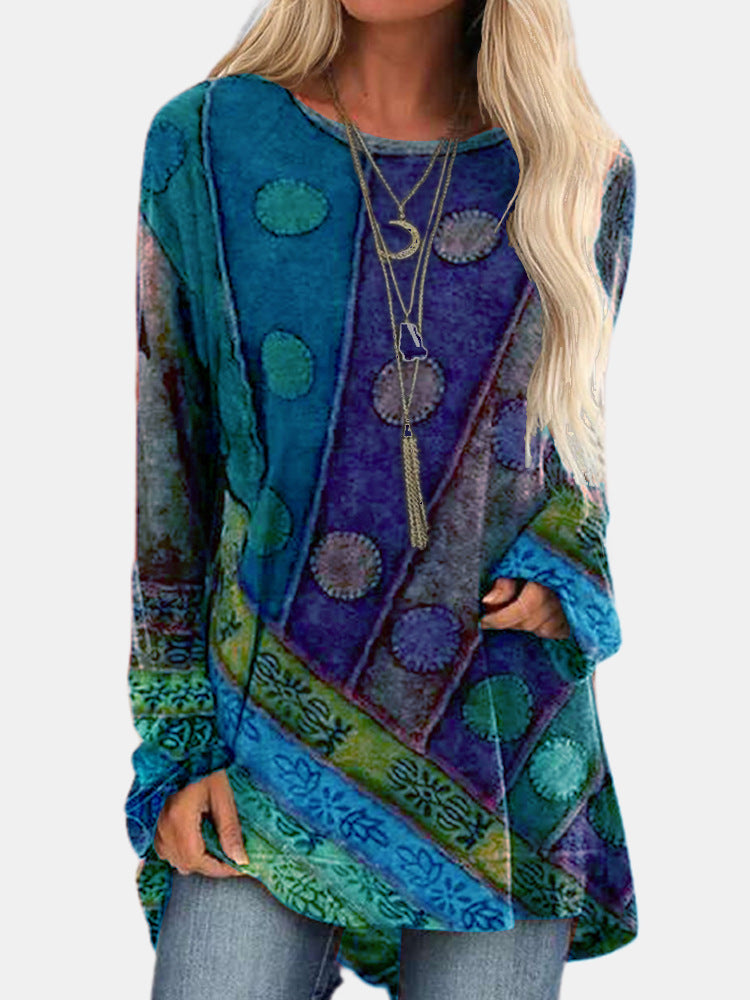 Casual women's long sleeve shirt featuring a vibrant, colorful pattern. Loose fit and comfortable everyday wear.