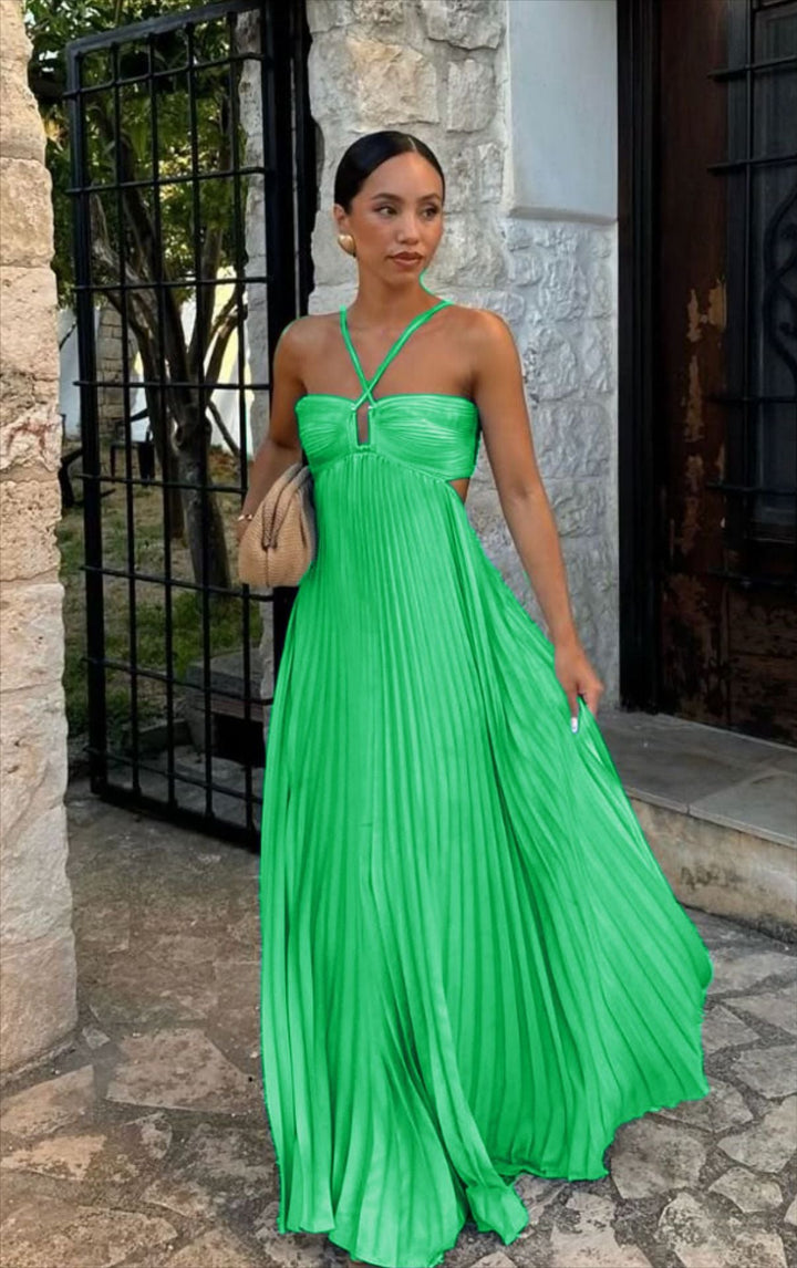 Lightweight summer off-shoulder dress for women, with elegant pleats & adjustable thin straps.