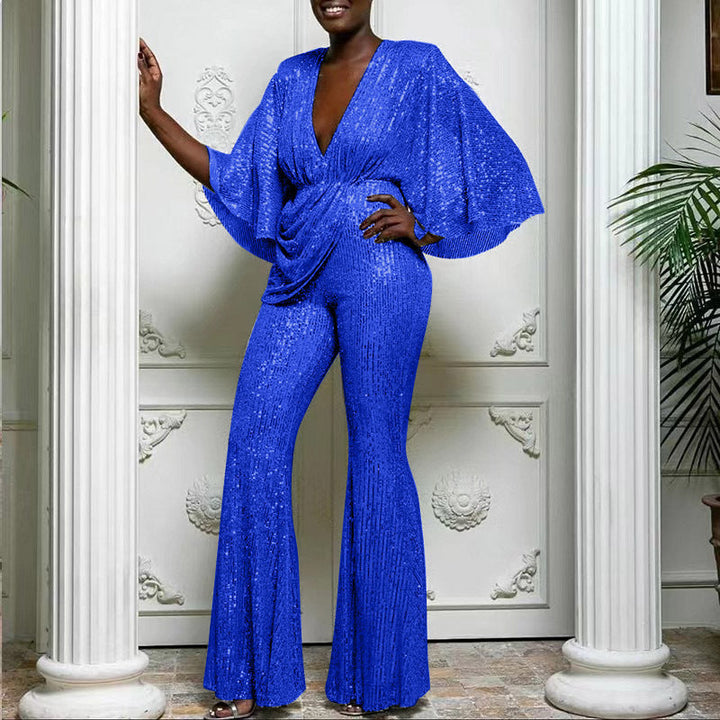 Glamorous women's sequin wide-leg jumpsuit, ideal for parties, evening events, & special occasions.