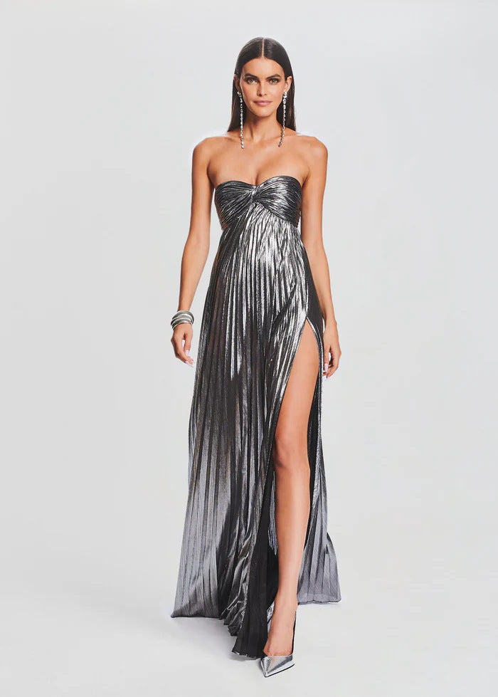 Formal off-shoulder gown for women, a long elegant evening dress with a striking high slit.