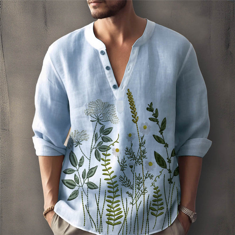 Trendy men's long sleeve button-down shirt, featuring beautiful floral embroidery for an elegant casual style.