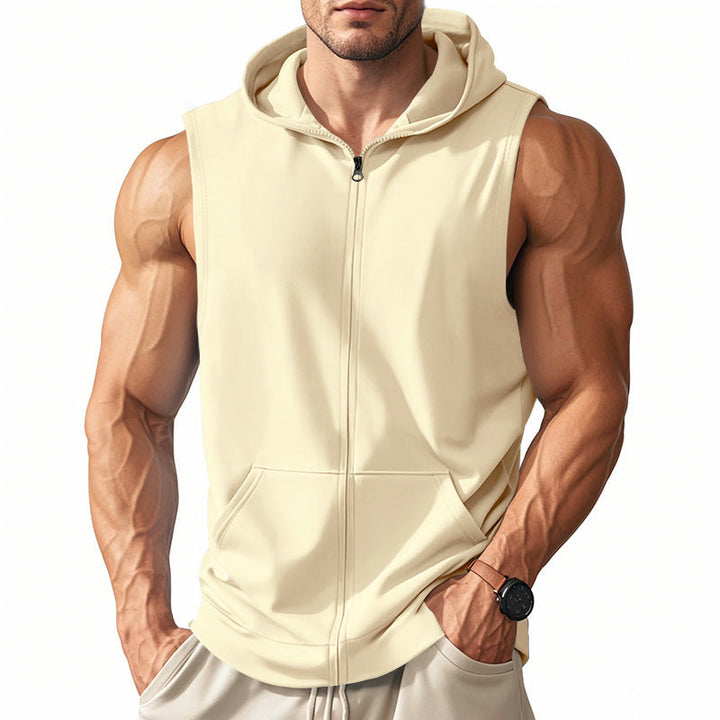 Comfortable men's full-zip hooded vest with practical pockets for active style.