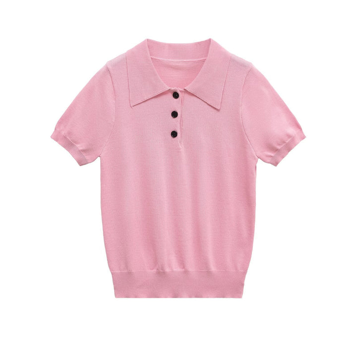 Elegant women's slim fit knit polo, short sleeve, a versatile top for everyday fashion.