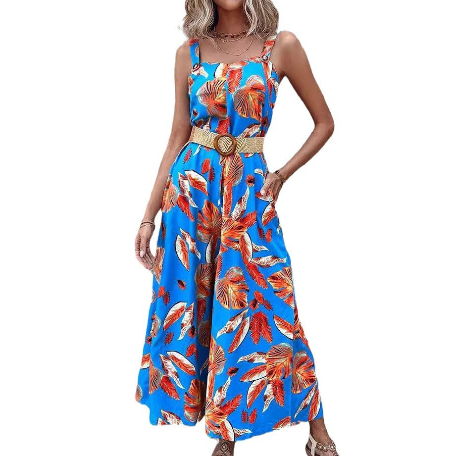 Vibrant tropical print maxi jumpsuit for women, featuring wide-leg, perfect for summer beach & resort wear.