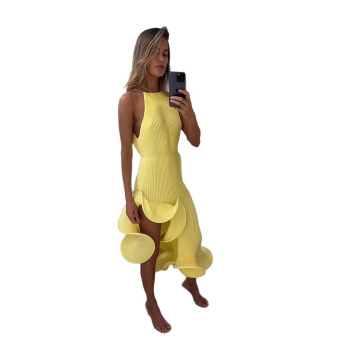 Summer fashion women's maxi dress, with an asymmetrical ruffle design & a graceful pleated skirt.