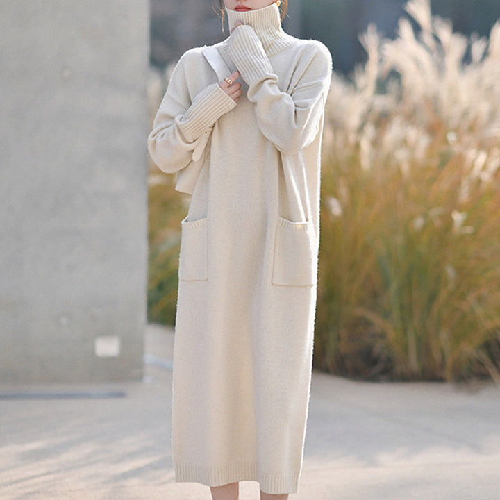 Women's casual long-sleeve high-neck dress, a comfortable and versatile loose-fit style.