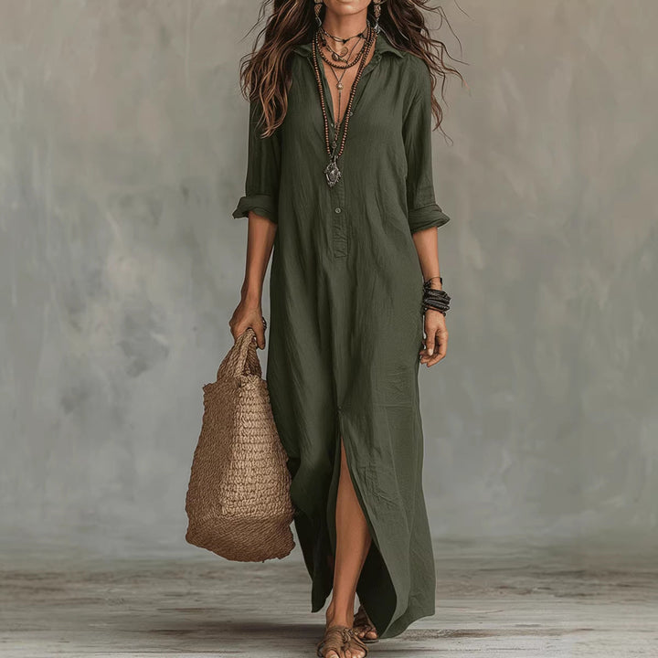 Stylish women's long shirt dress, button-down and flowy with a side slit. Ideal for casual outings or summer events.