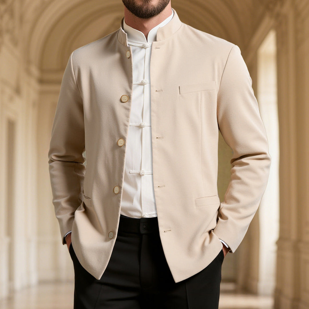 Refined men's high collar blazer. This elegant, tailored suit jacket is ideal for smart casual & formal occasions.