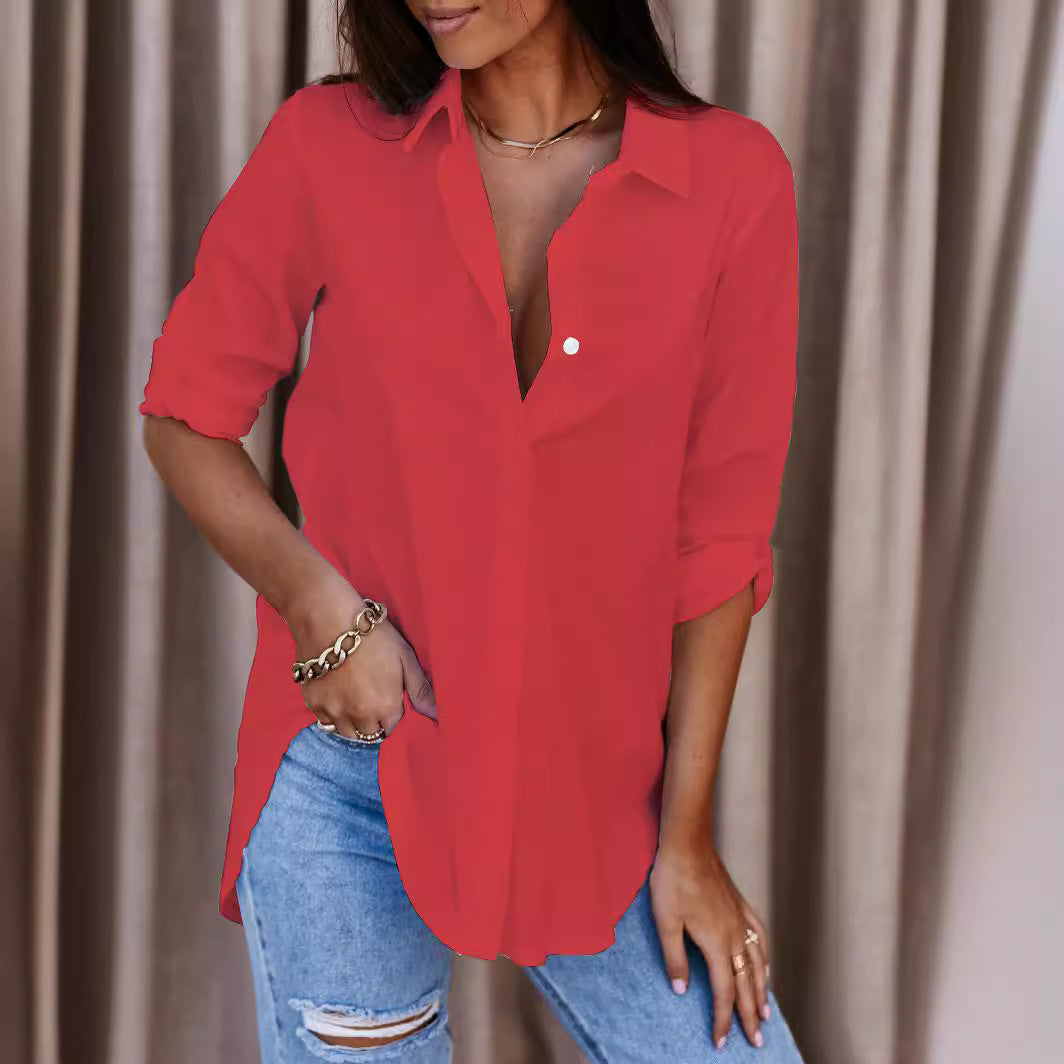 Stylish women's button-up shirt in soft, casual fabric, ideal for office or daily wear.