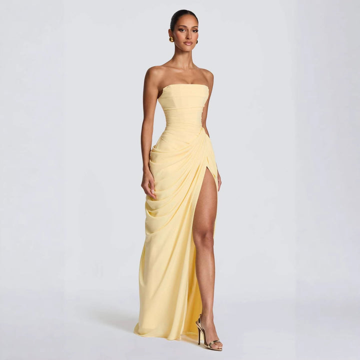 Stylish women's maxi formal gown featuring sophisticated draping, long sleeves, and a chic thigh-high slit.