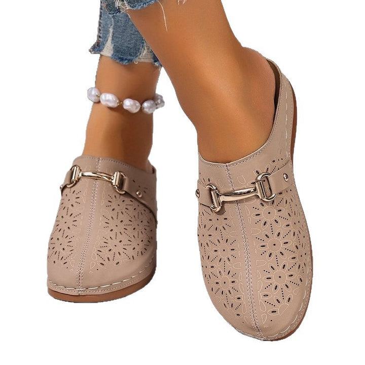 Side view of women's comfortable floral clogs, slip-on design perfect for easy everyday wear & summer.