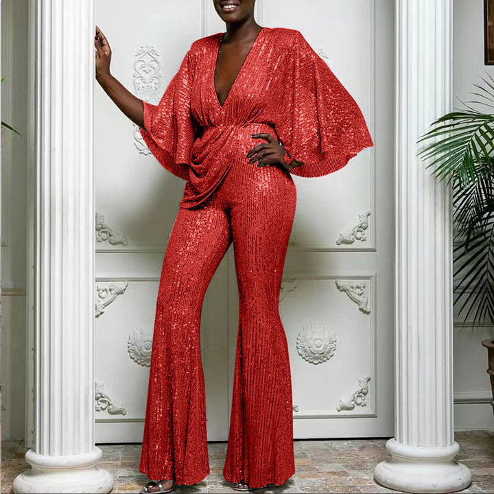 Women's sequin wide-leg jumpsuit, a dazzling choice for parties, New Year's Eve, or special events.
