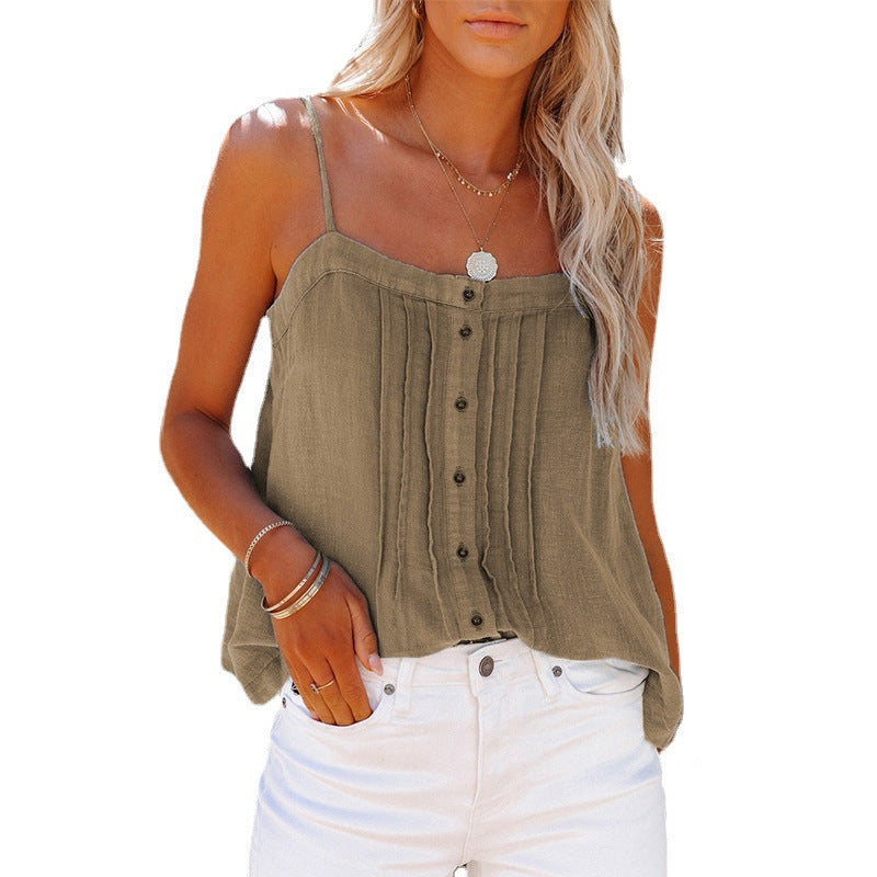 Classic plaid women's spaghetti strap tank with elegant button accents, a must-have for spring fashion.