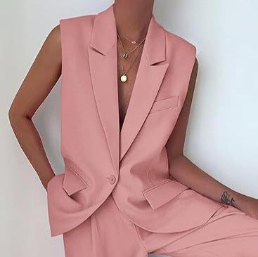 Professional women's sleeveless blazer set with flowy wide leg pants, ideal for summer office wear.