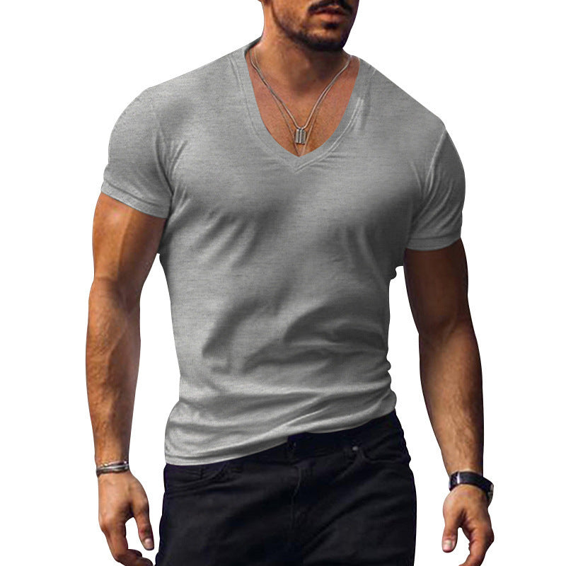 White men's V-neck T-shirt, classic fit, breathable short sleeve, ideal for summer casual wear.