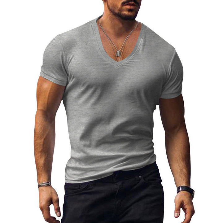 White men's V-neck T-shirt, classic fit, breathable short sleeve, ideal for summer casual wear.