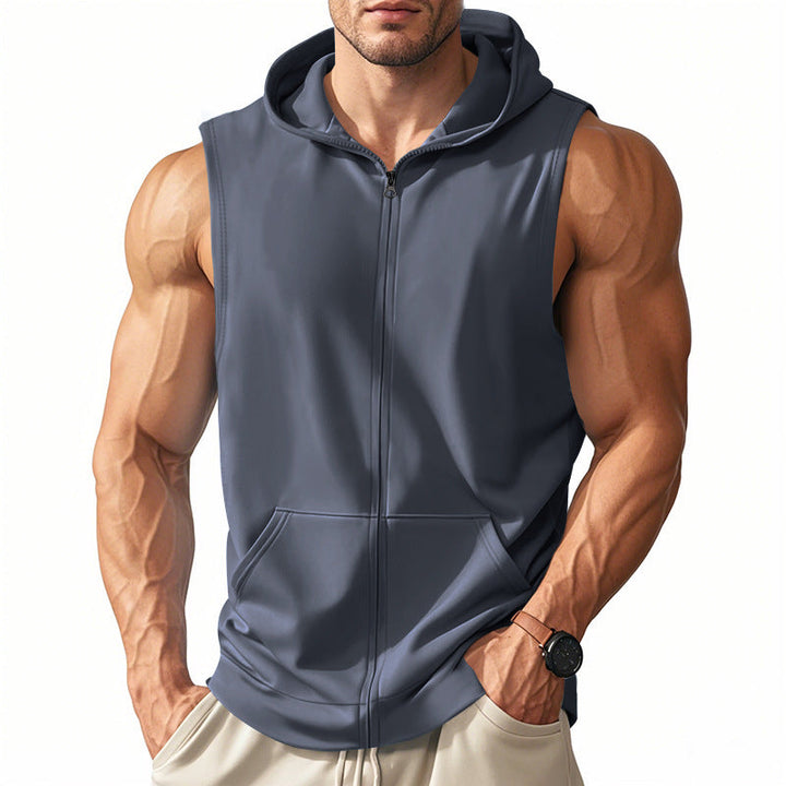 Men's full-zip hooded activewear vest for hiking, jogging & casual outdoor style.