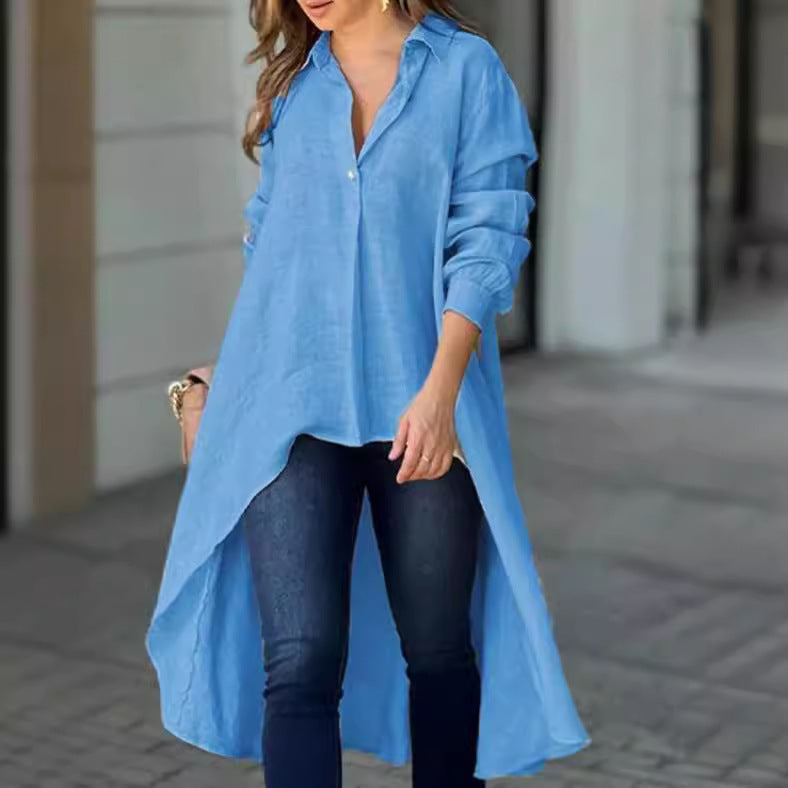 White casual long blouse with button-down front, featuring a classic collar.