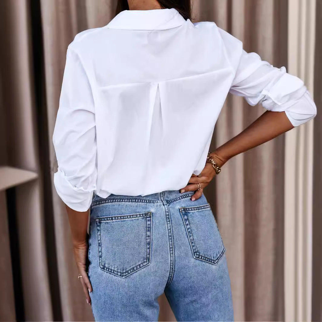 Everyday women's long-sleeve button-up shirt, a stylish & versatile casual top for many occasions.