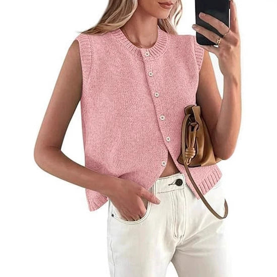 Versatile women's sleeveless knitted vest, ideal layering piece. Round neck, button placket for effortless casual chic.