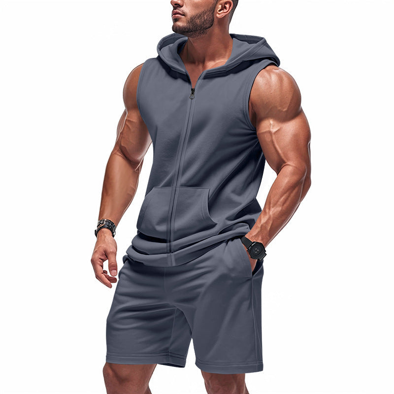 Men's casual loungewear set: comfortable short-sleeve hooded top & shorts with pockets for daily wear.